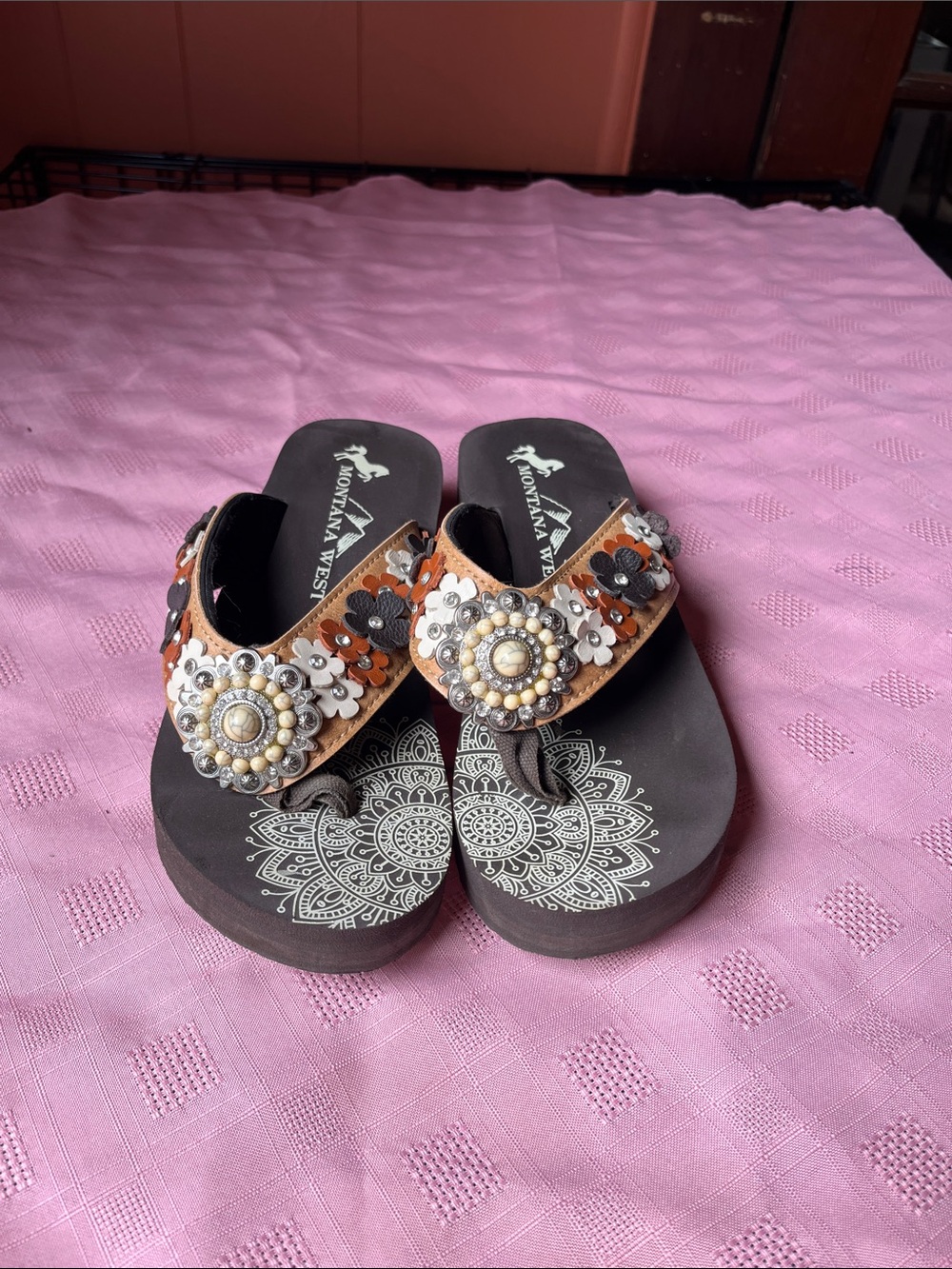 Montana West Brown Embellished Floral Toe-Post Sandals